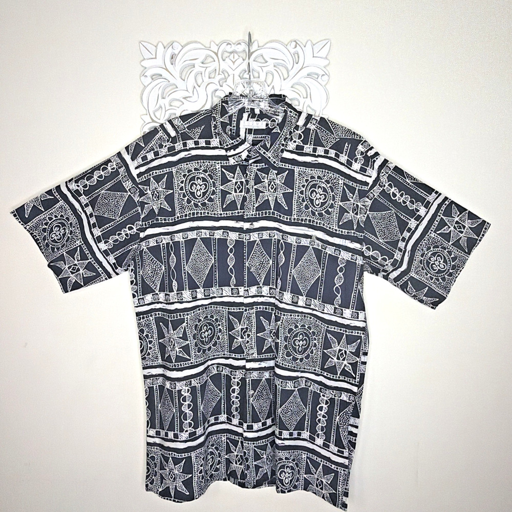 BURMA BIBAS Men's L Camp SHIRT 60 Singles Lawn Cotton Button Pocket BLACK EUC